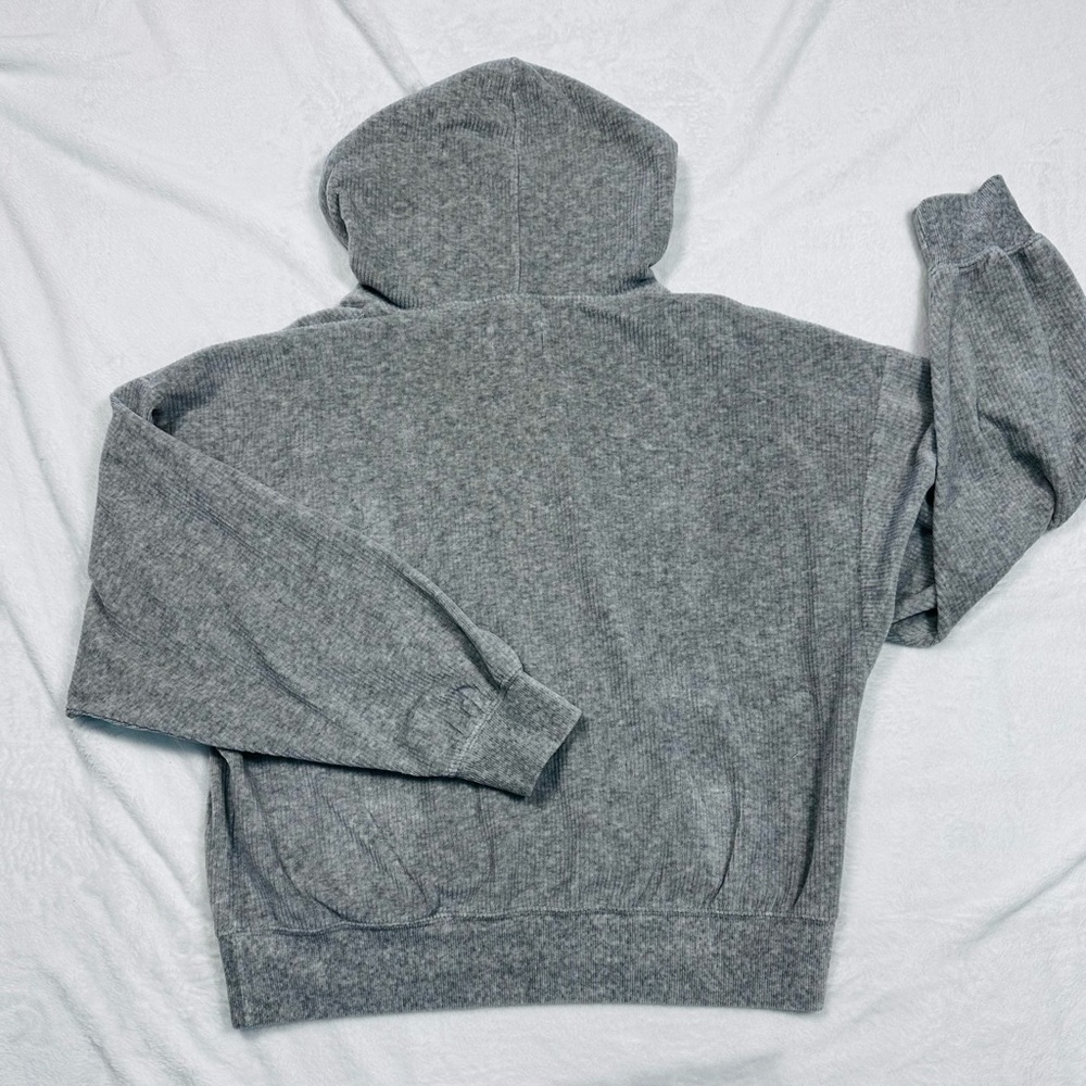 American Eagle Gray Knit Cropped Hoodie Sweater Drawstring Pocket Women’s M - Picture 4 of 8